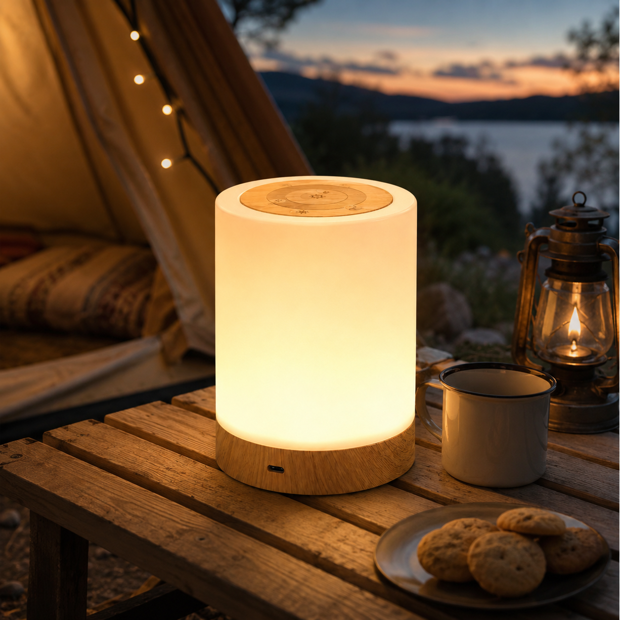 Timber Glow W1 compact wood night light illuminated from within.