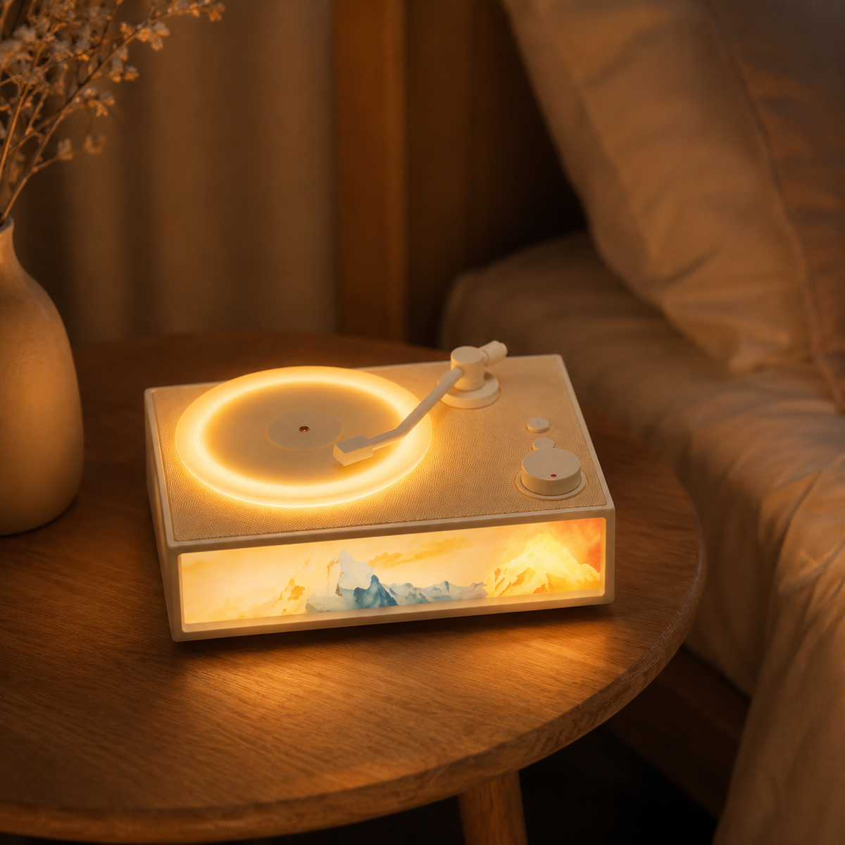 Type-C charging port and record-style top detail on the Rosemary Spin speaker.