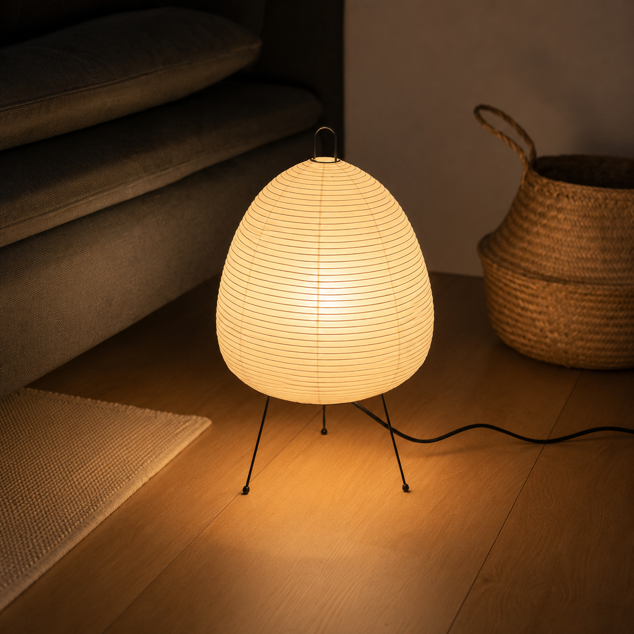 Kumo table lamp with warm light on a nightstand