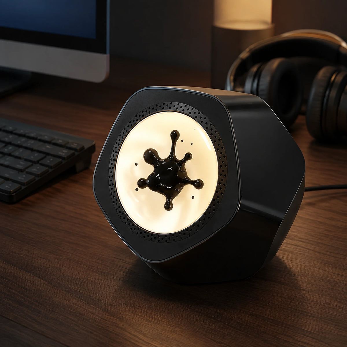 Liquid Beat ferrofluid visualizer with black fluid shapes inside a circular glass chamber.