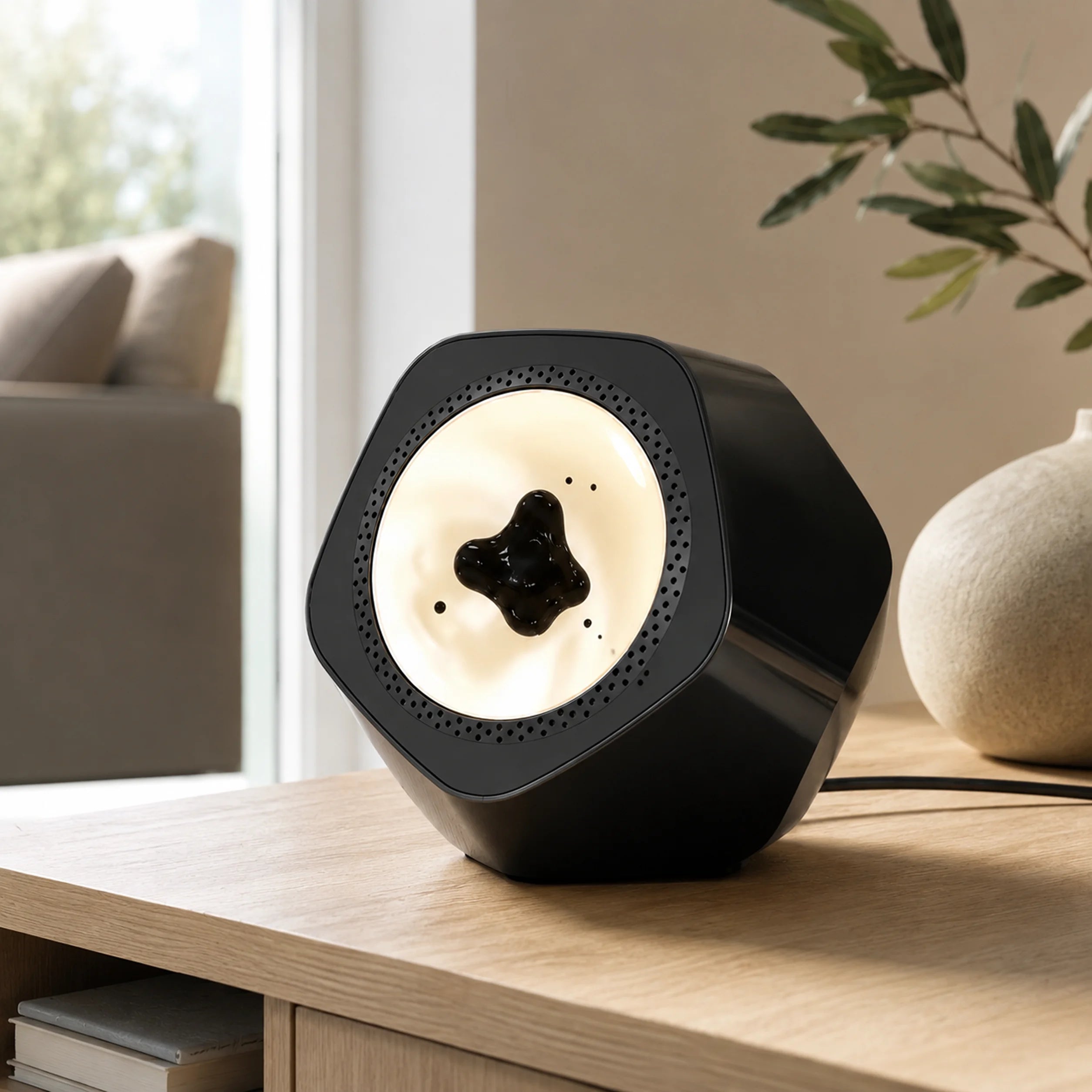 Black Liquid Beat visualizer positioned beside a speaker setup.