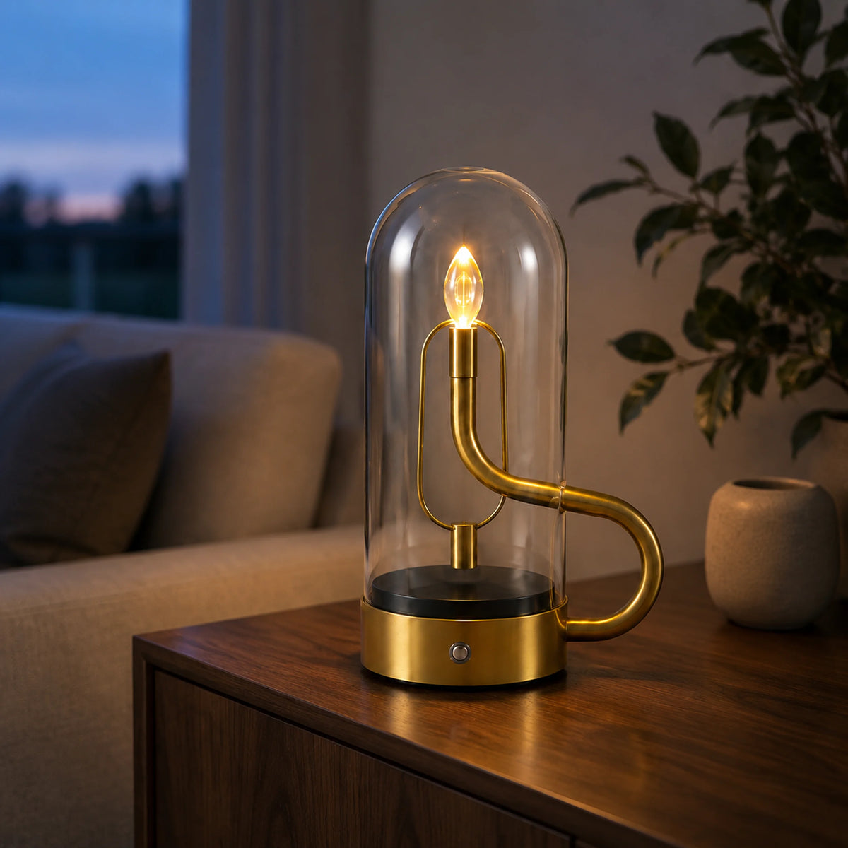 Rechargeable glass dome lamp glowing on a dining table.