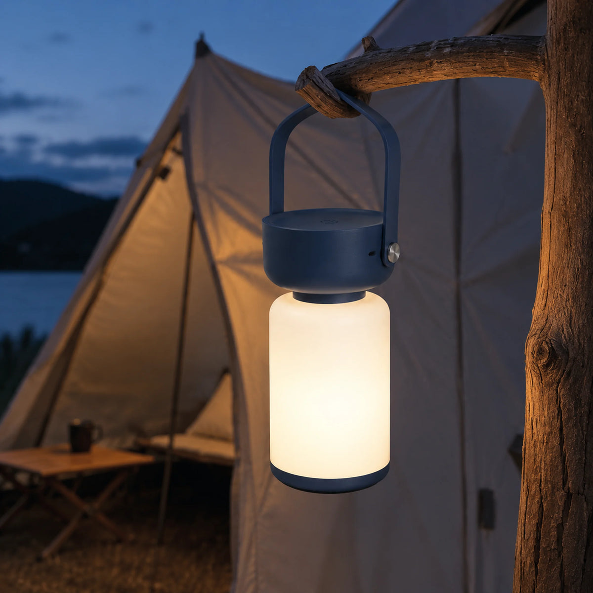 Compact bottle lamp shown in a warm white color setting.