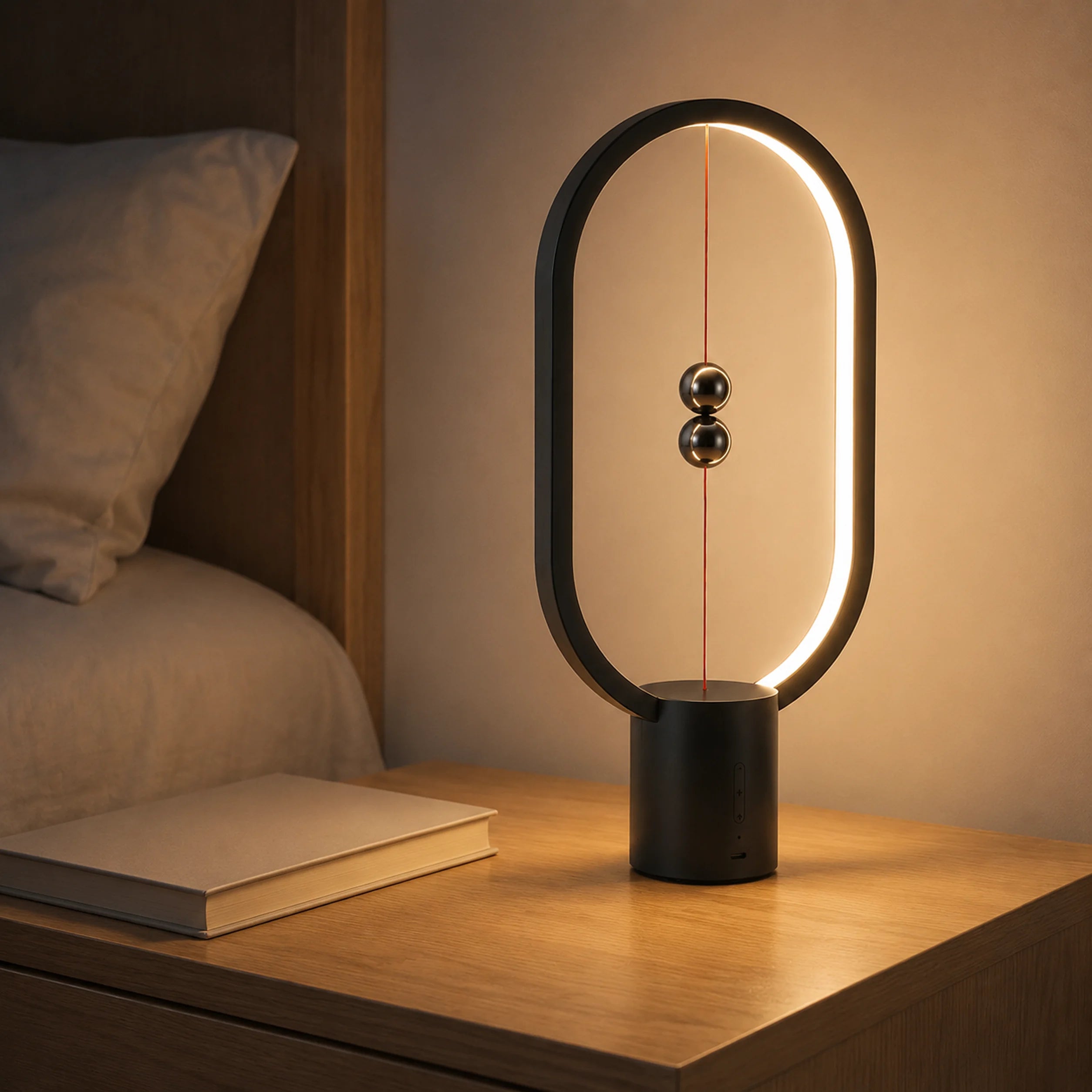 HENG Balance lamp shown with warm light on a desk.