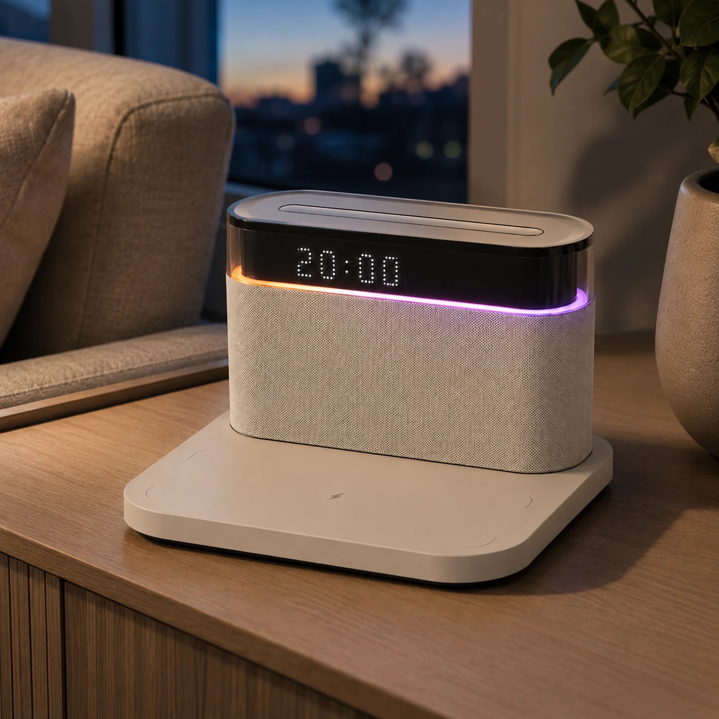 Pixel Pulse speaker showing colorful RGB light around the display.
