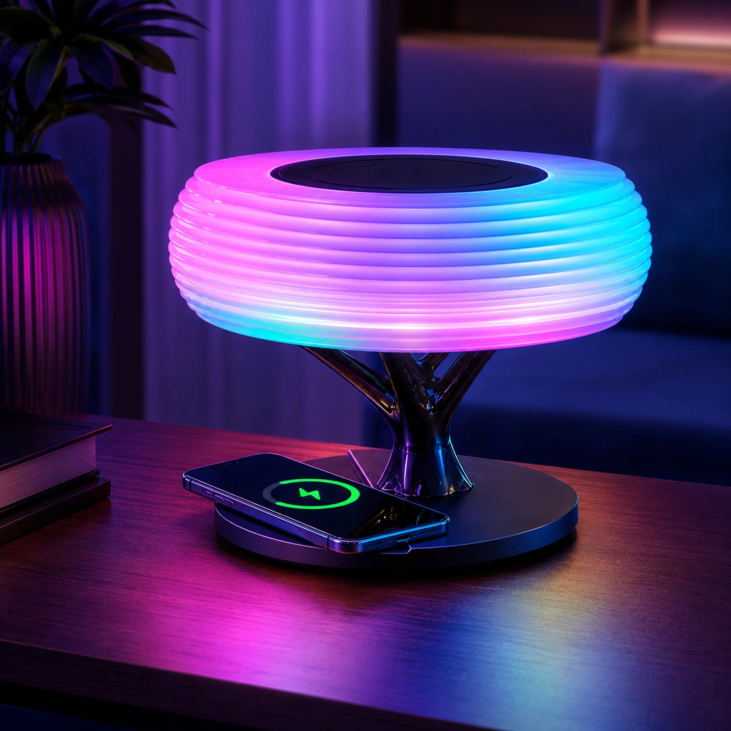 Aura Hub LZ-S2021 RGB speaker lamp glowing in multiple colors.