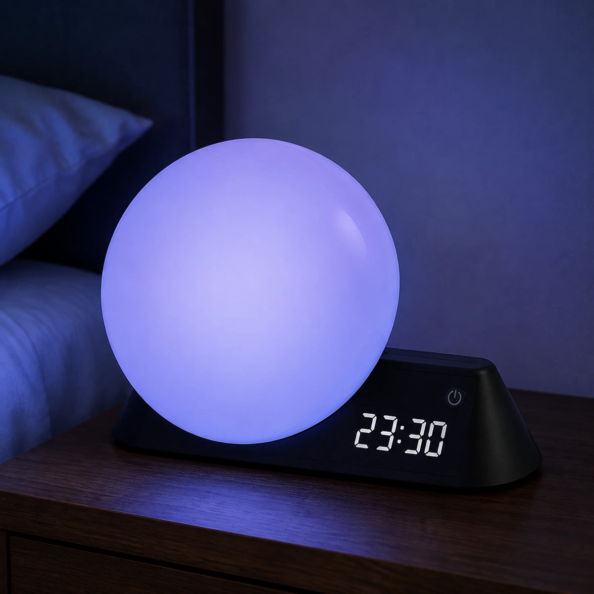 Daybreak Studio clock light shown playing white noise on a nightstand.