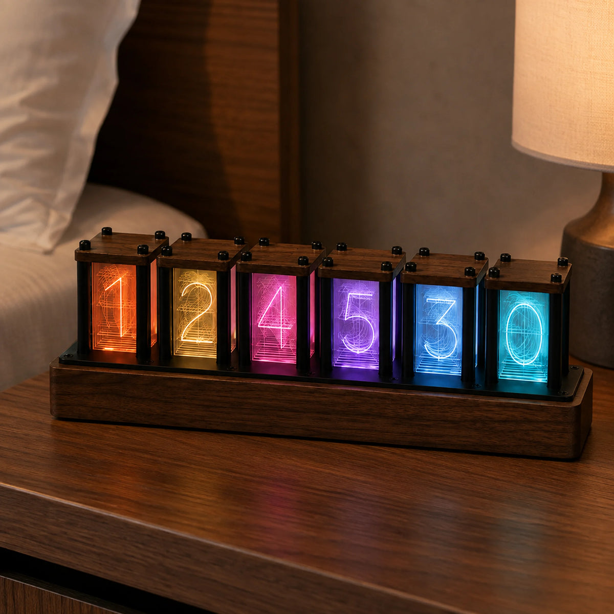 Afterglow Six — Walnut Pseudo-Nixie Clock with Six RGB Displays