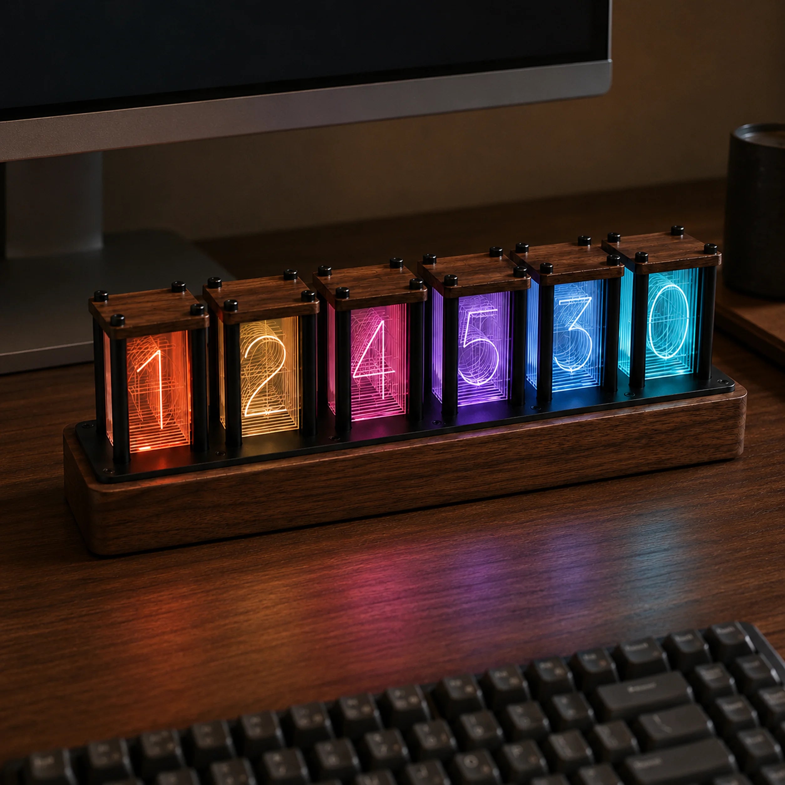 Walnut RGB pseudo-Nixie clock with six illuminated transparent number displays.