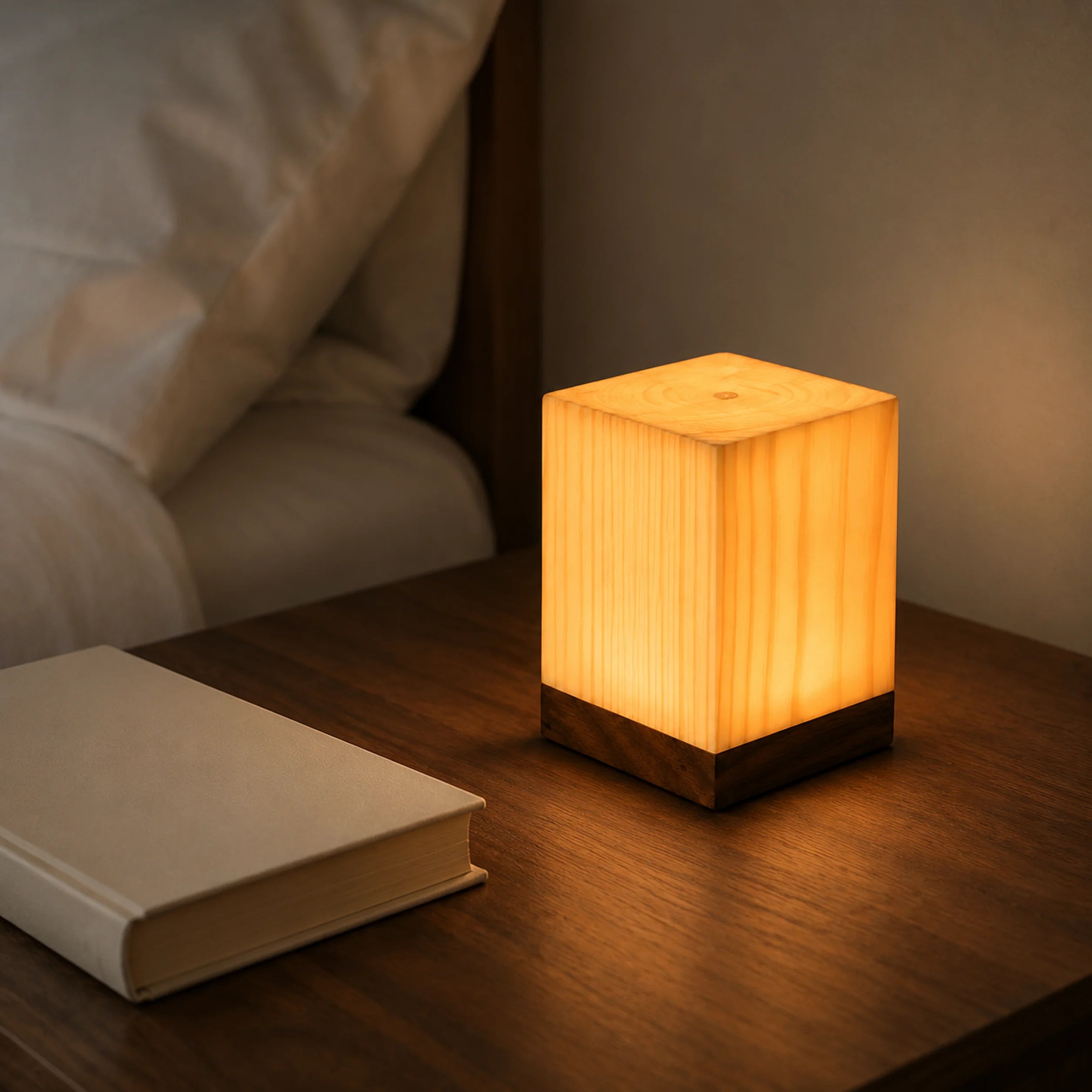 Touch-control top of the small wood-grain color lamp.