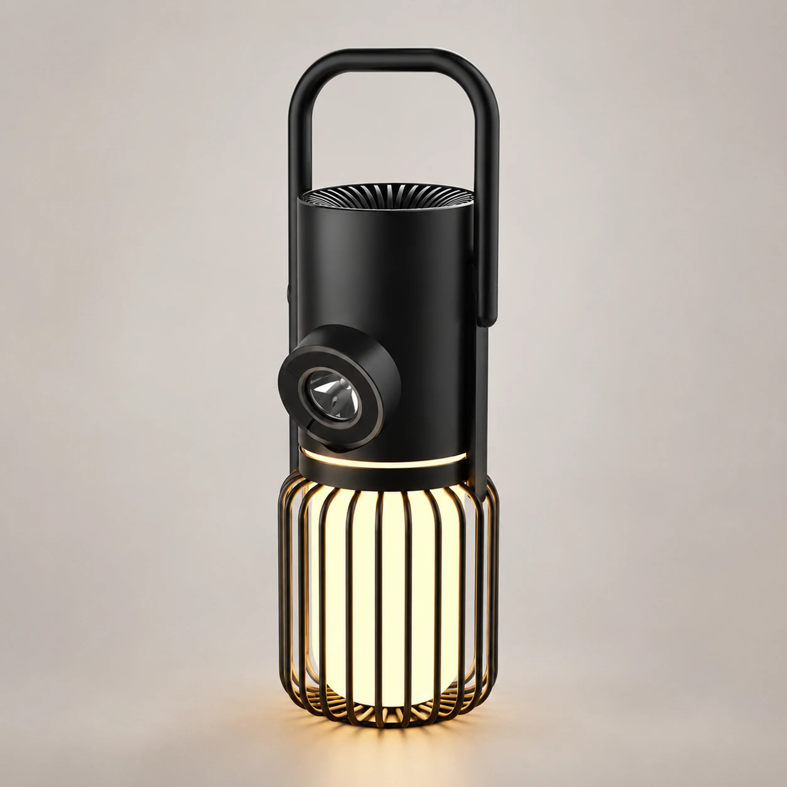 Camping lantern playing music beside a tent setup.