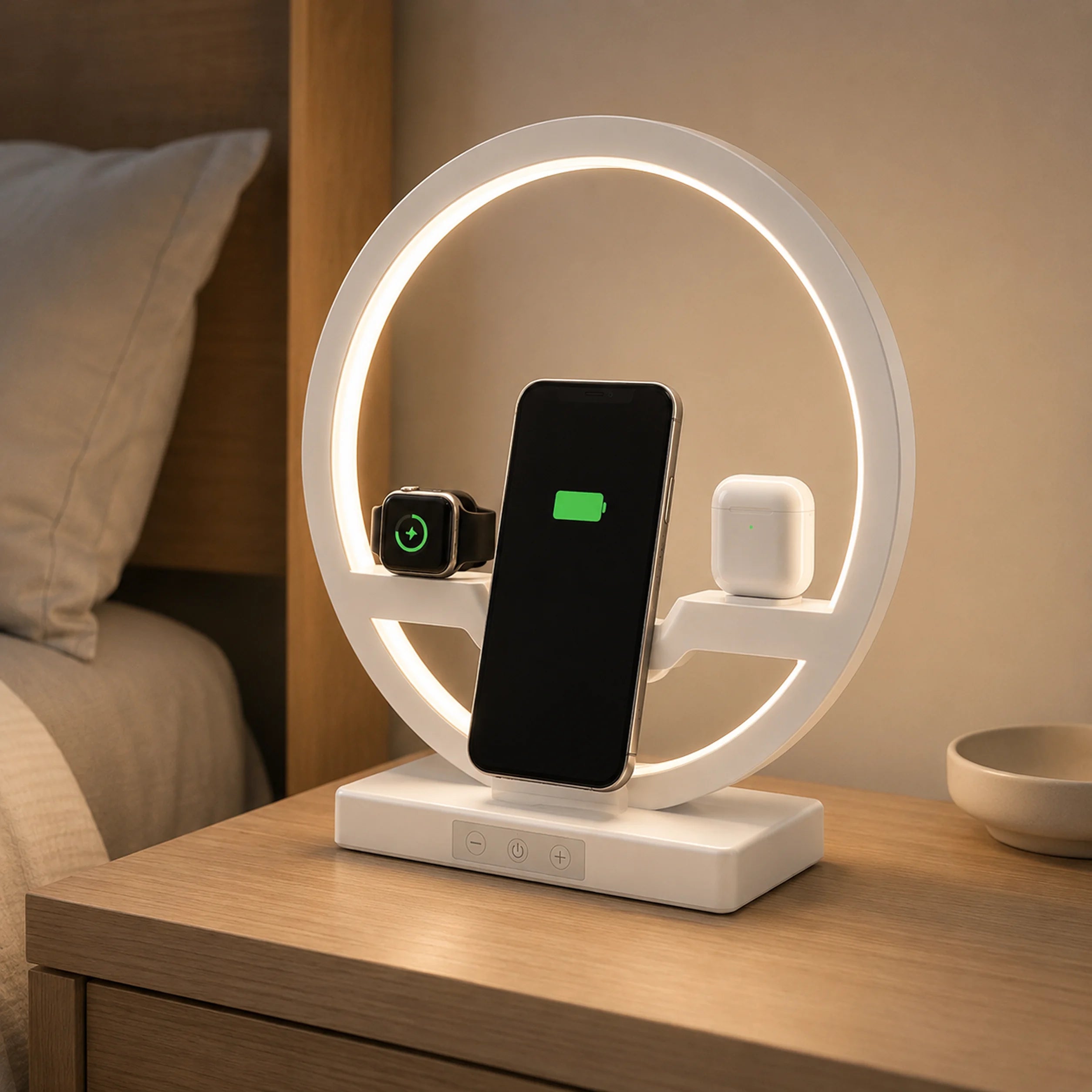 LP-WC-017 charging lamp positioned on a bedside table.