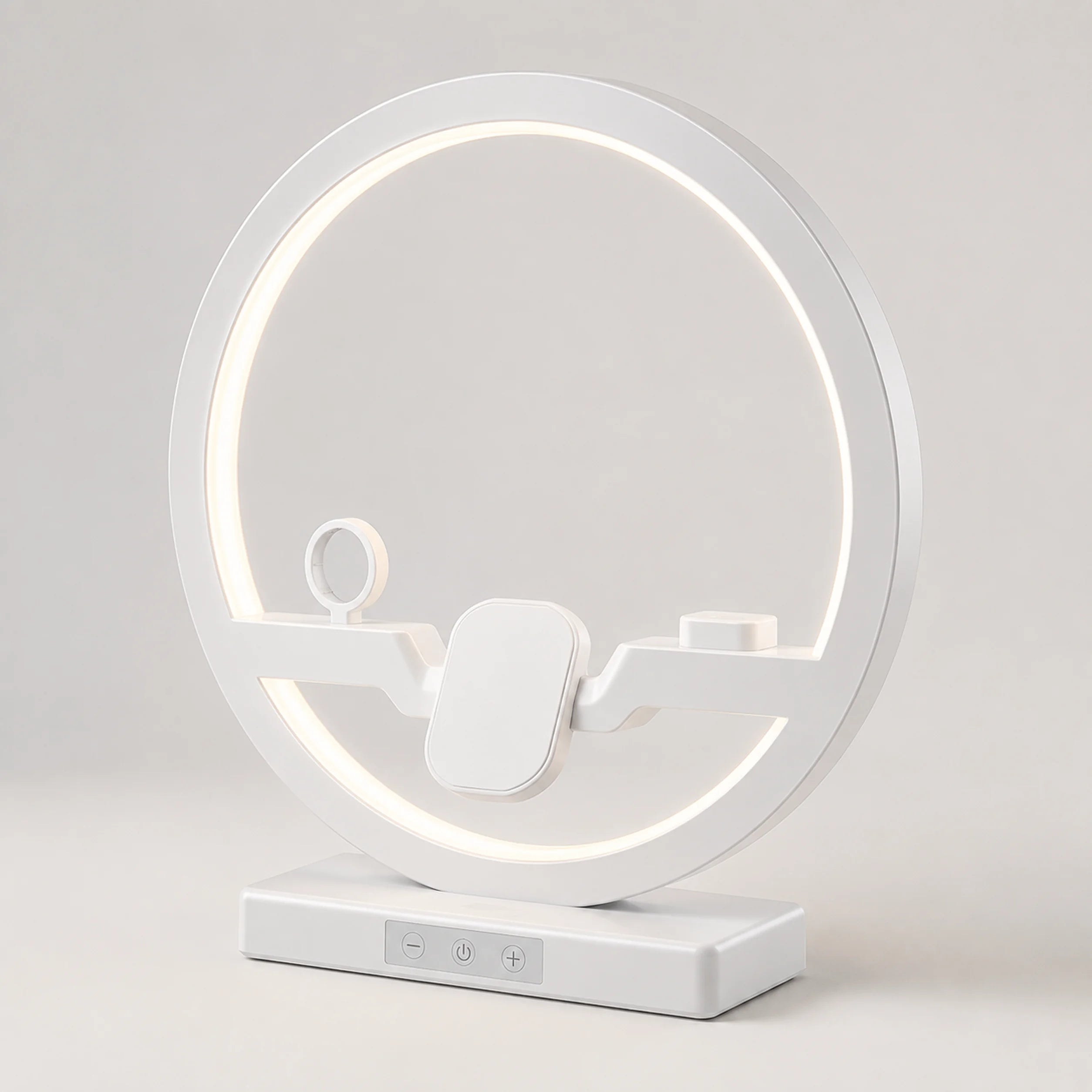 Phone, smartwatch, and wireless earbuds arranged on the Charge Circle dock.