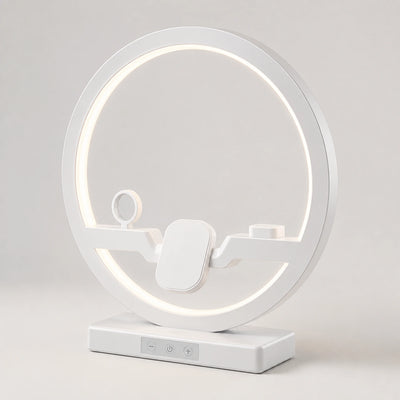 Phone, smartwatch, and wireless earbuds arranged on the Charge Circle dock.
