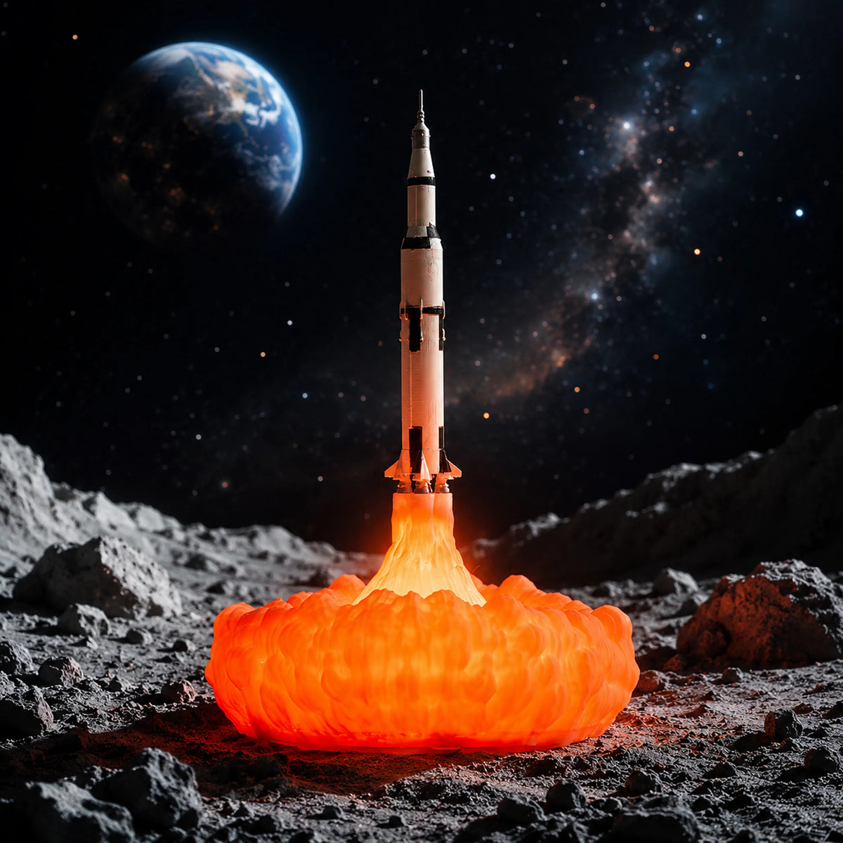 Side view of the rocket and sculpted flame-shaped light base.