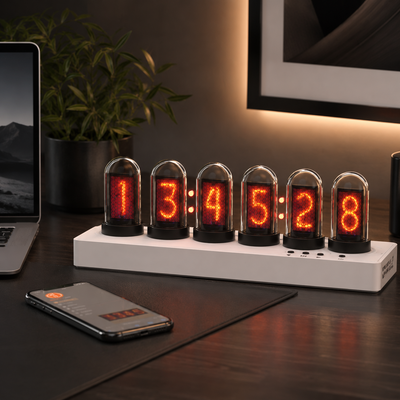 App-controlled pseudo-Nixie clock showing colorful digital numerals.