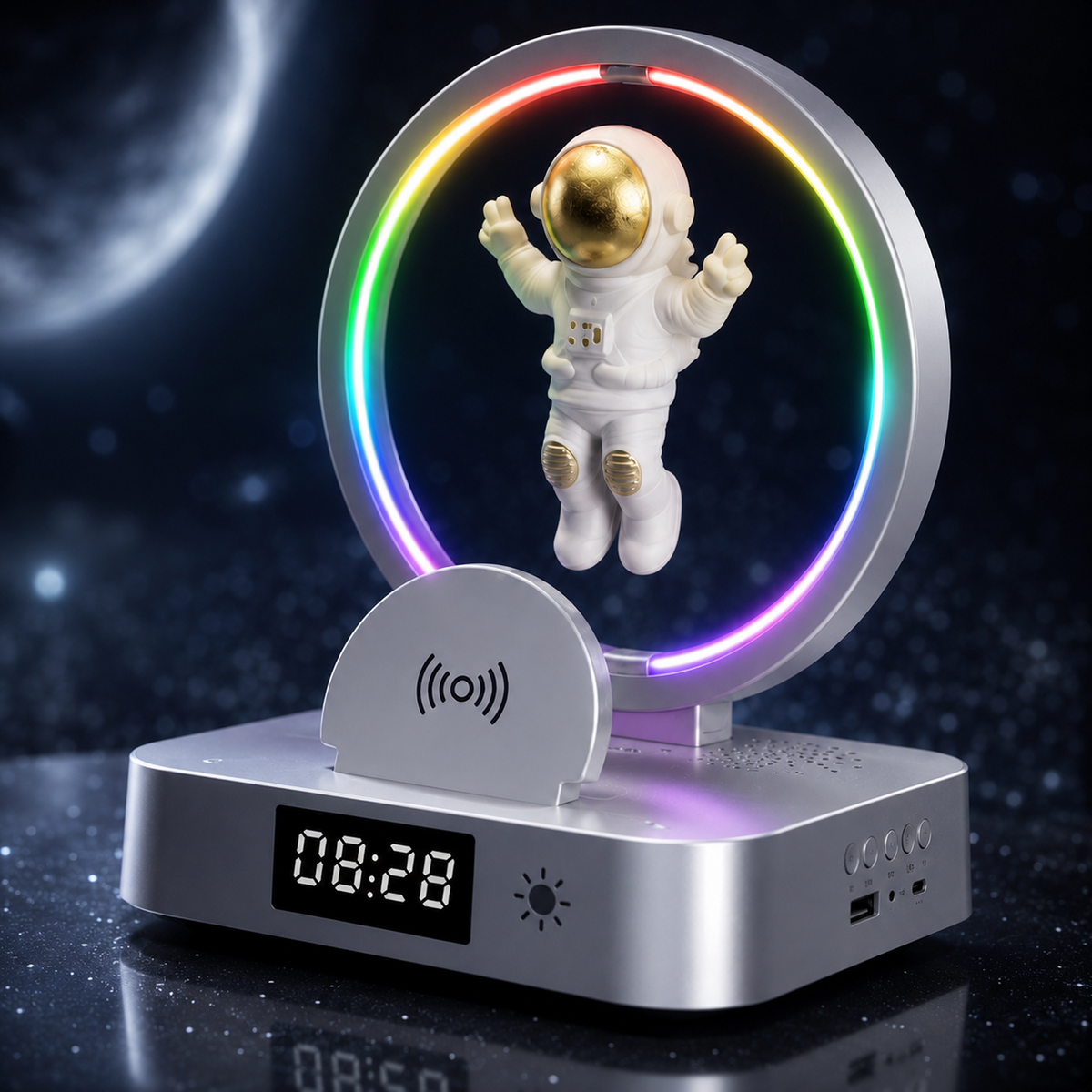Levitating astronaut night light shown with the digital clock display on.