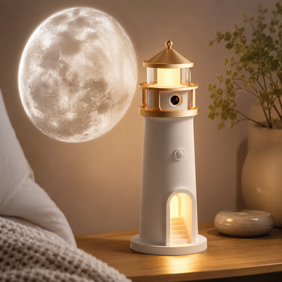Rechargeable lighthouse projector glowing with warm 3500K light.