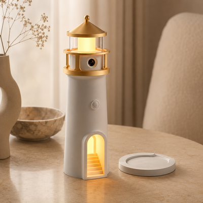 Remote control shown beside the Moon Beacon projector lamp.