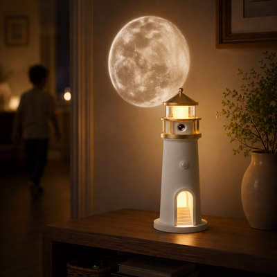 Moon Beacon Z-054 lighthouse night light projecting a moon image on a wall.