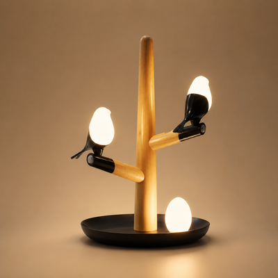 Perch Light YT-M1601-01 bird lamp perched above a round warm-toned base.