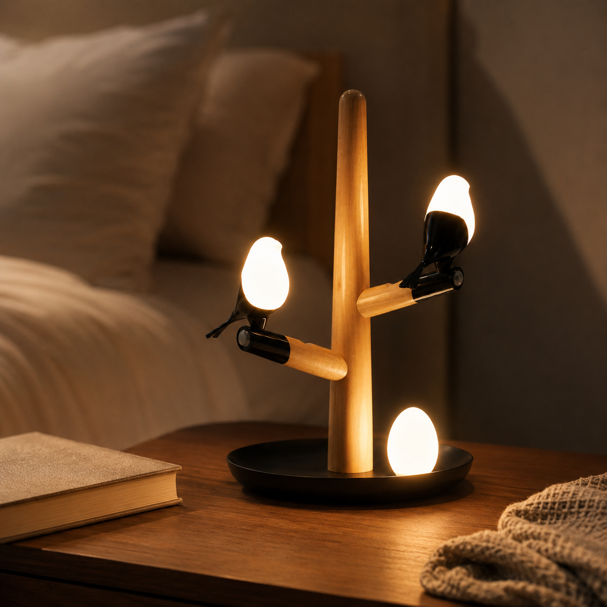 Compatible phone placed on the wireless charging area of the lamp base.