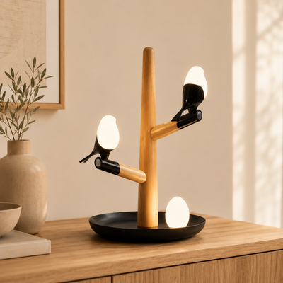 Egg-shaped vibration control beside the perched bird light.