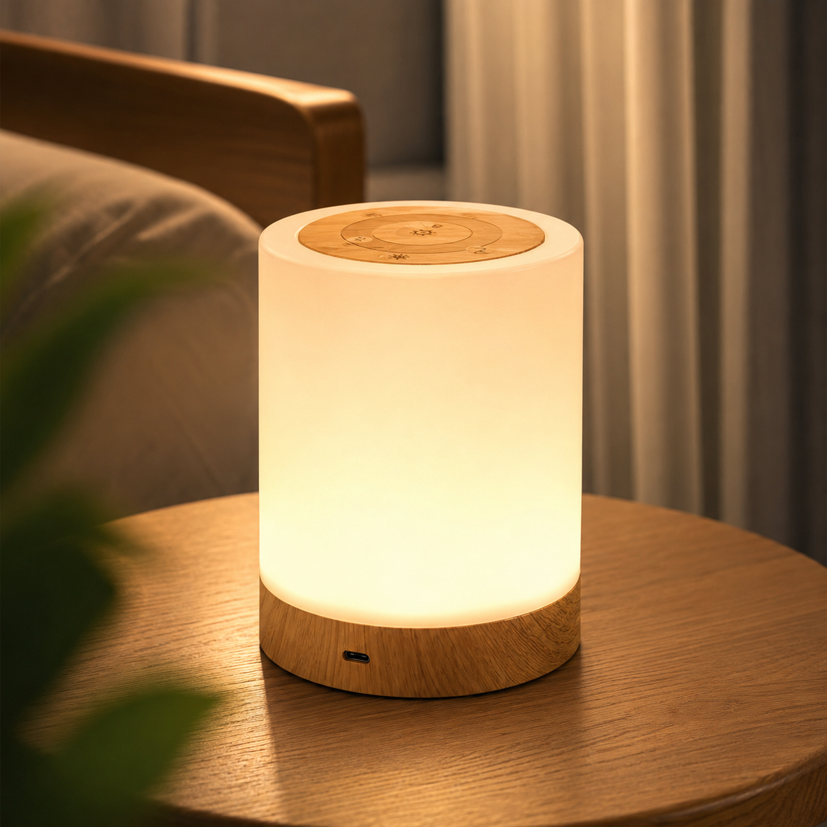 Close view of the natural wood surface on the Timber Glow lamp.