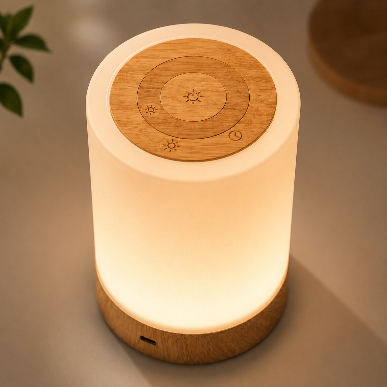Touch-controlled W1 night light placed on a narrow bedside table.