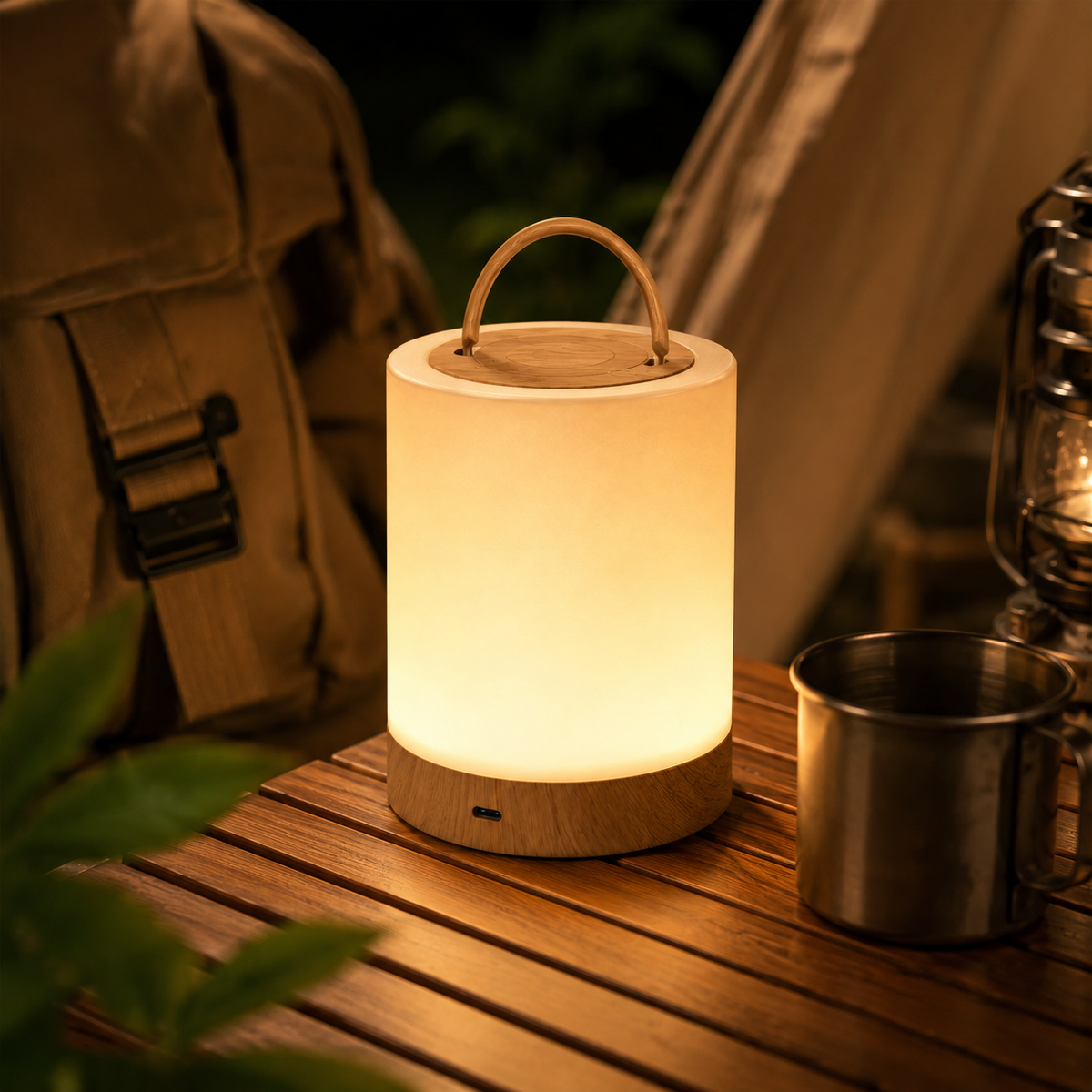 Small square wood lamp glowing with warm white light.