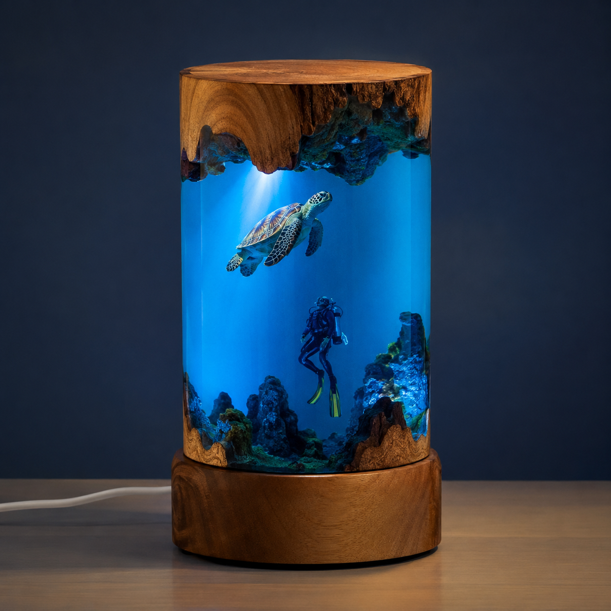 Deep Current RD10H blue resin ocean lamp on a solid wood base.