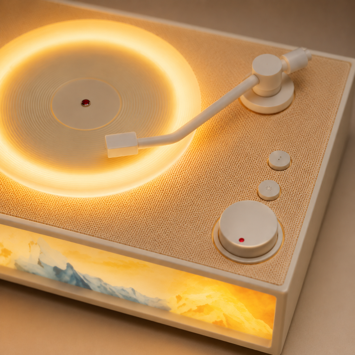 Vinyl-style speaker light glowing warm white on a nightstand.