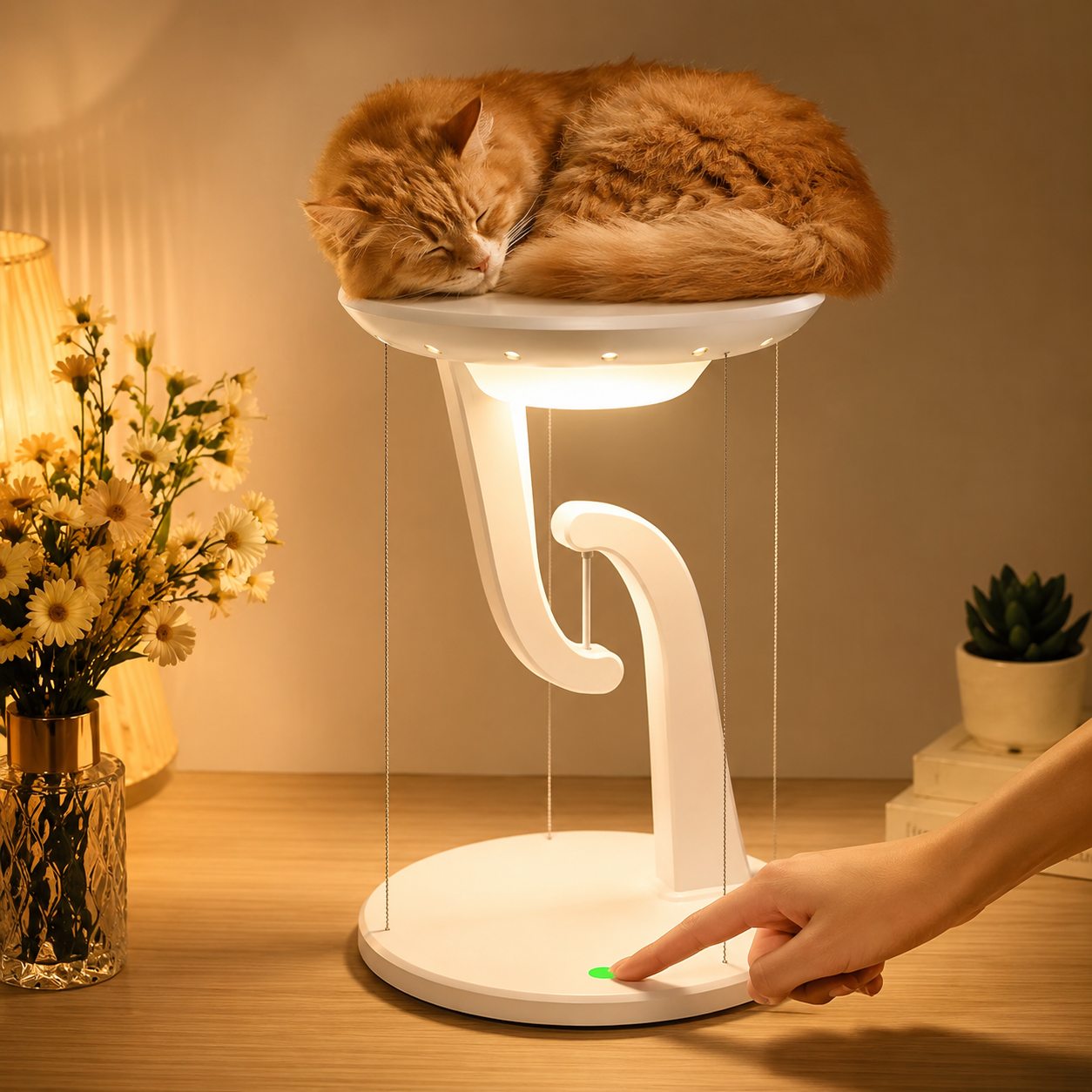 Touch-controlled lamp glowing with neutral-warm white light.