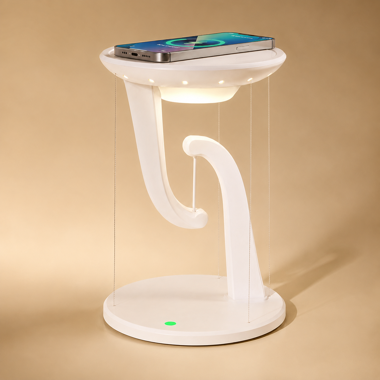 Wireless charging phone placed on the base of the floating lamp.