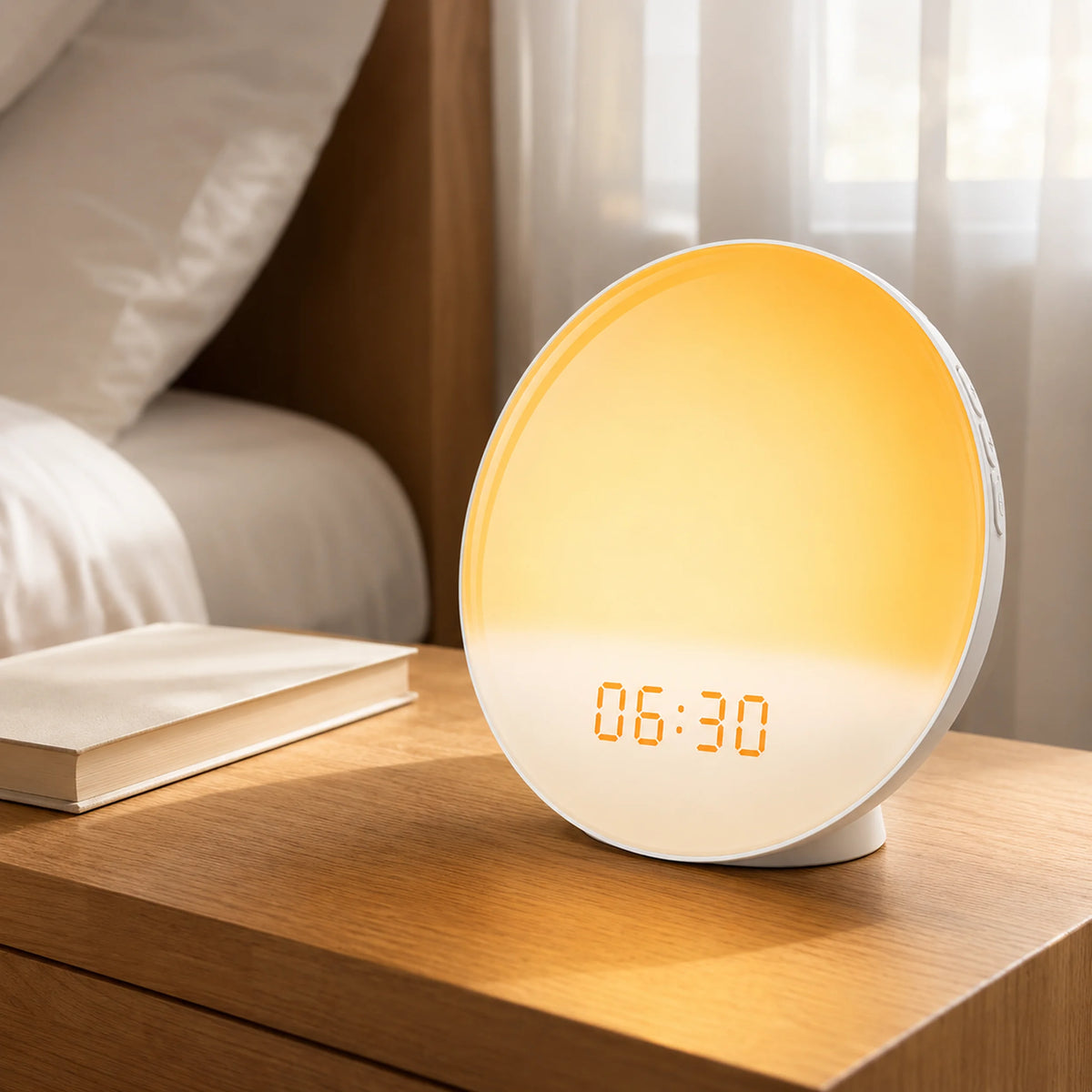 Daybreak Disc circular sunrise alarm clock with a color-changing LED face.