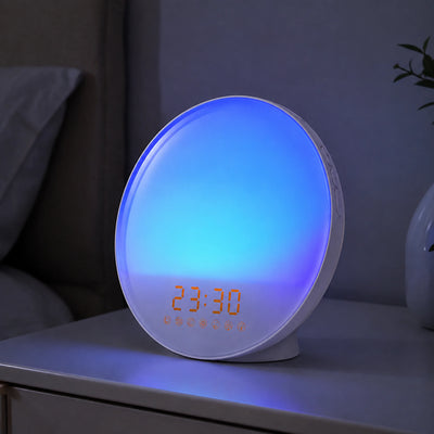 SAC-WBLR wake-up light glowing on a nightstand.