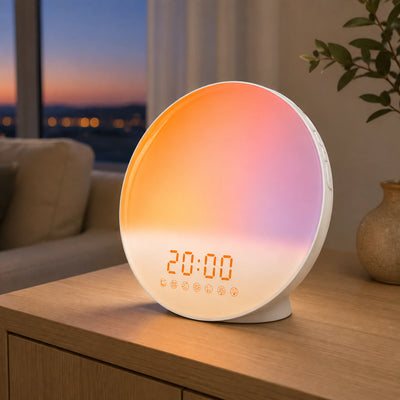 Front view of the compact round color-light alarm clock.