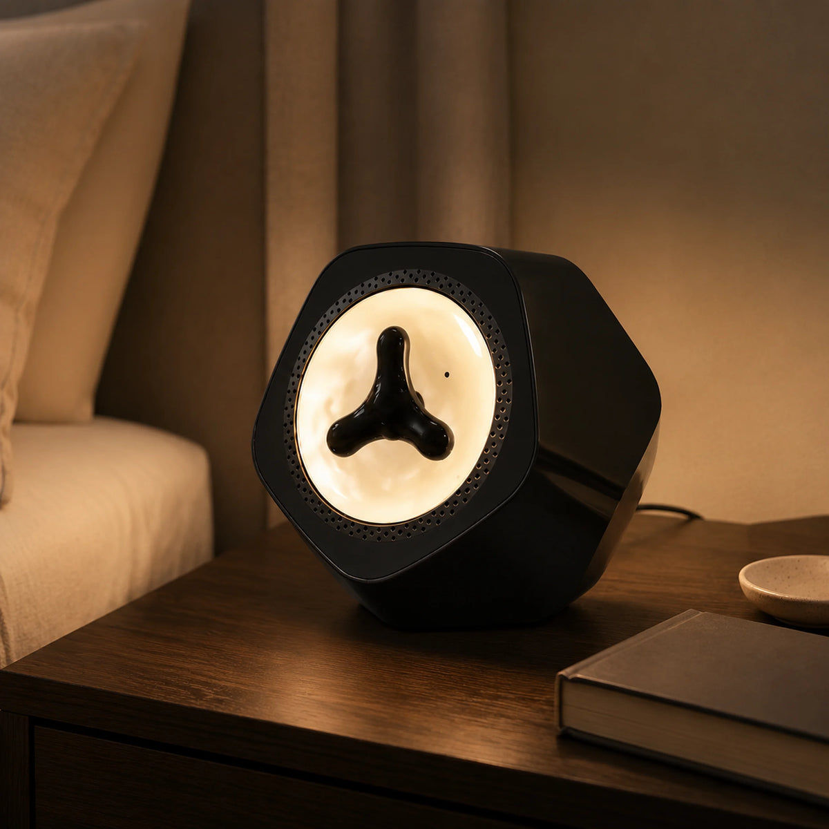Compact geometric visualizer shown on a desk with LED lighting on.