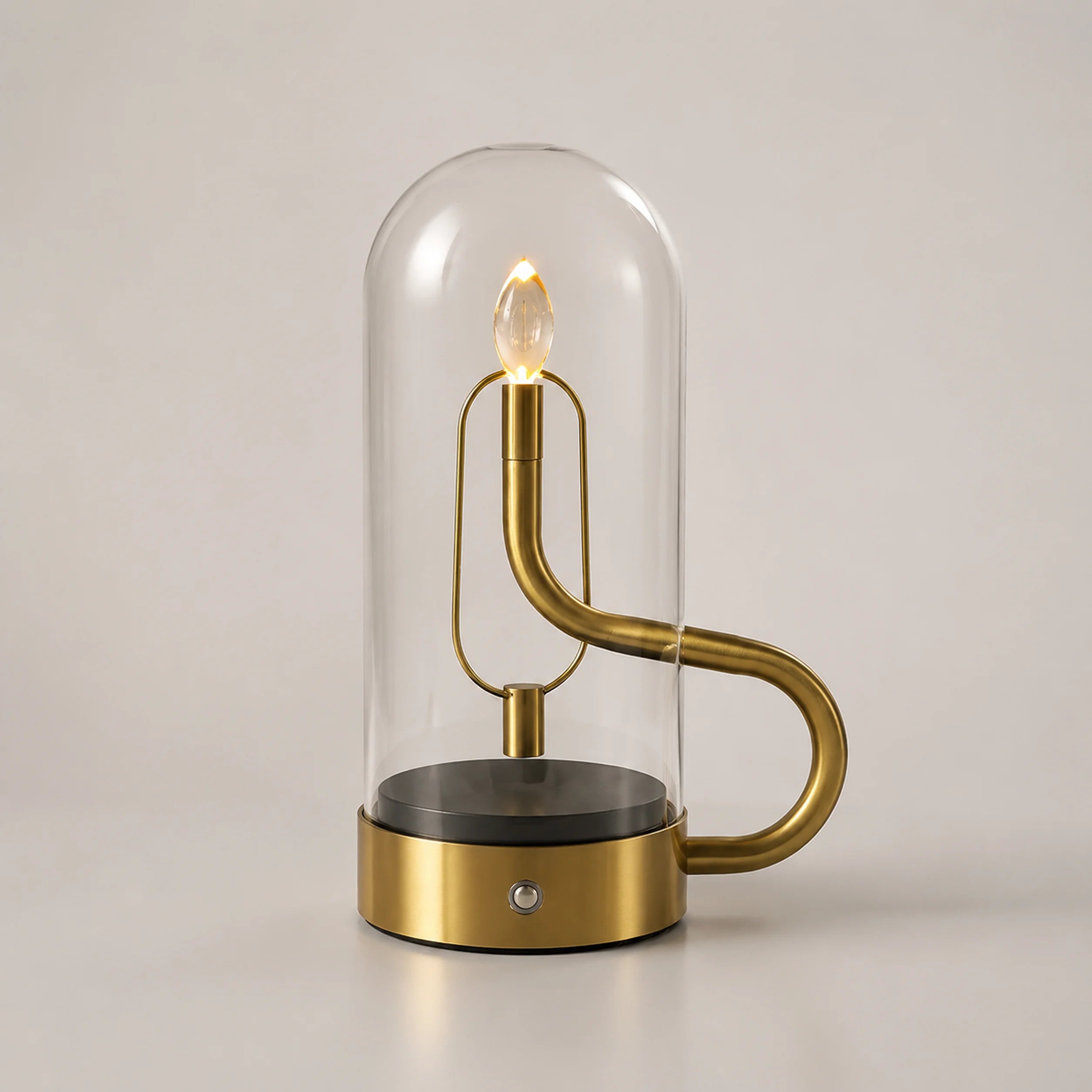 Dark metal base and touch control on the J006 flame-effect lamp.