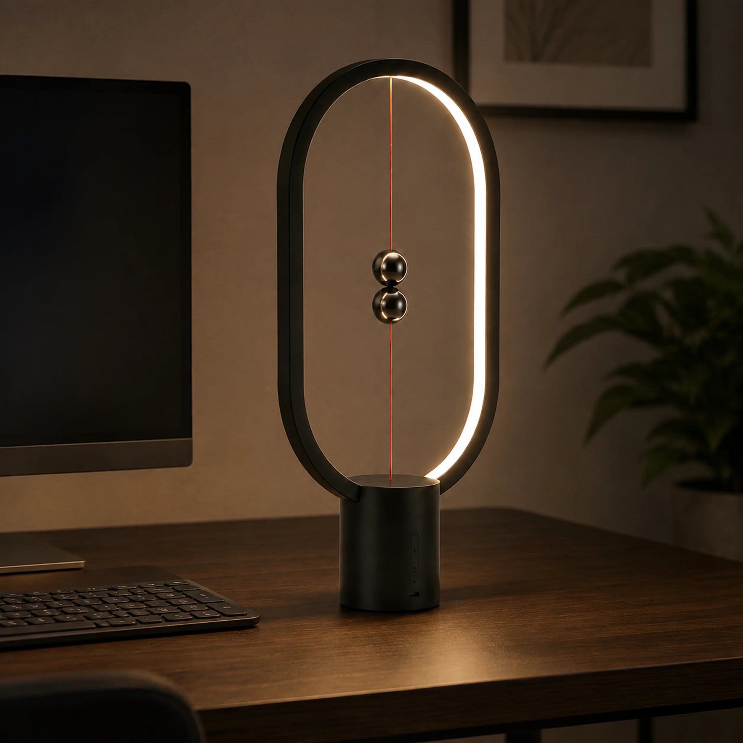 Touch dimmer on the base of the magnetic balance lamp.