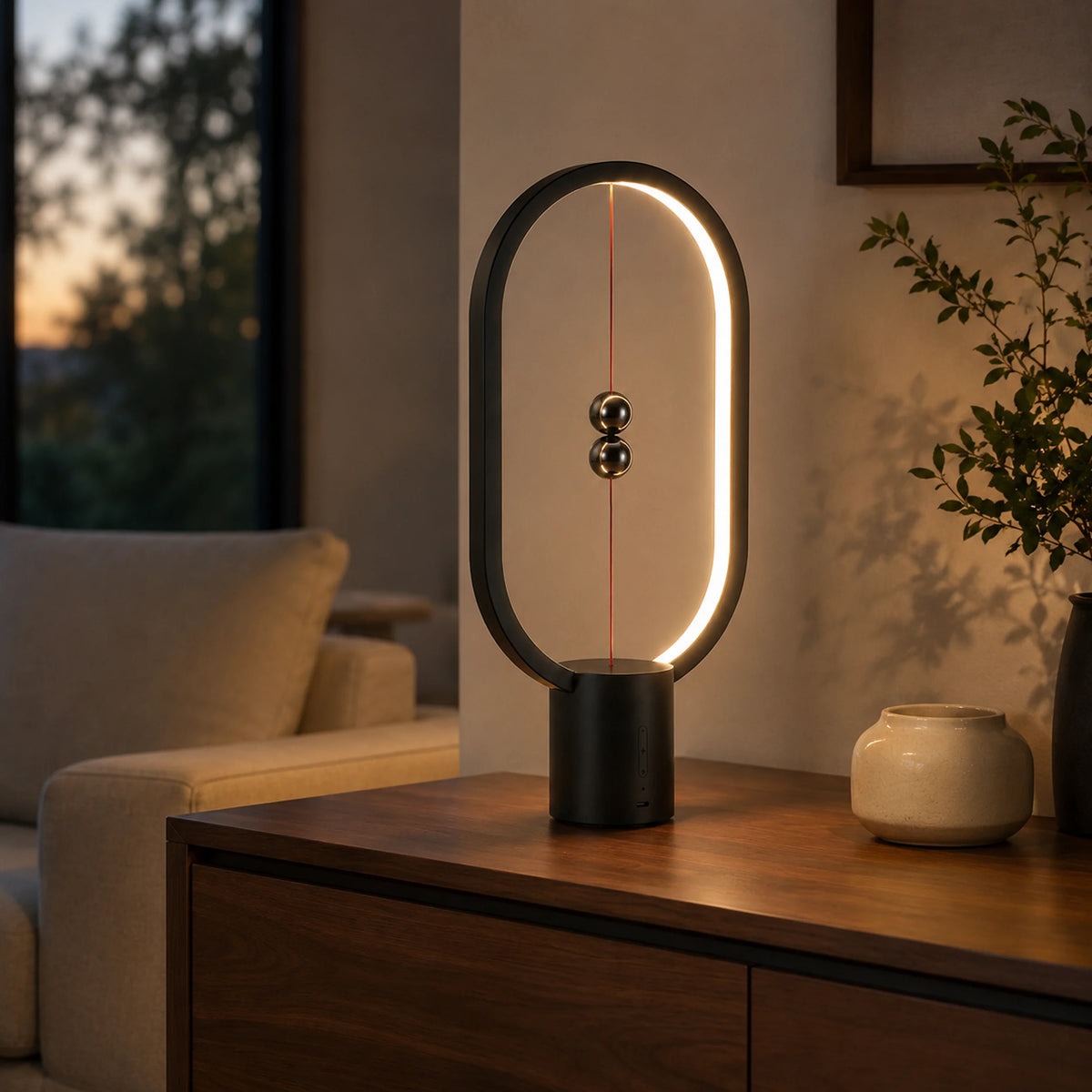 HENG Balance lamp with two magnetic spheres meeting in the center of an open frame.