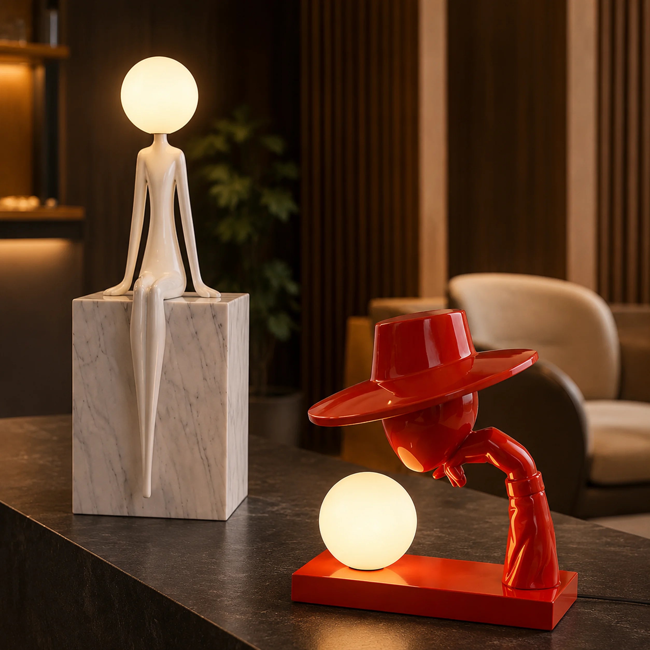 Quiet Figure LT049 abstract humanoid statue floor lamp holding an illuminated glass light.