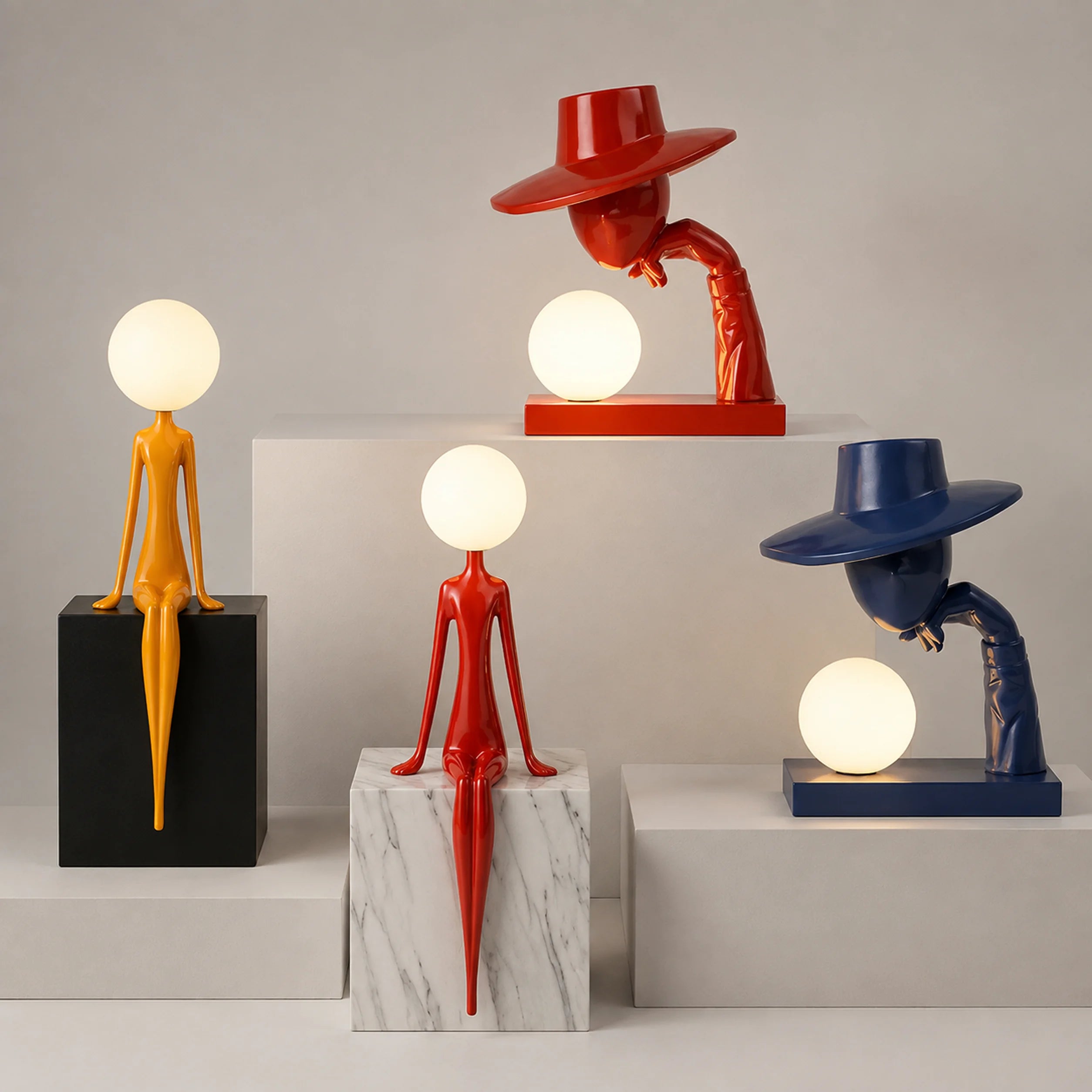 Full-height view of the resin and marble figure lamp.