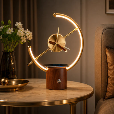 Halo Dial QF-8032 circular clock lamp with metal and oak details.