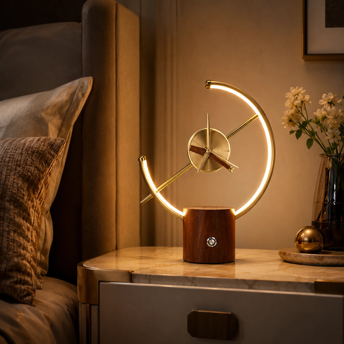 Halo Dial lamp glowing with warm light on a desk.