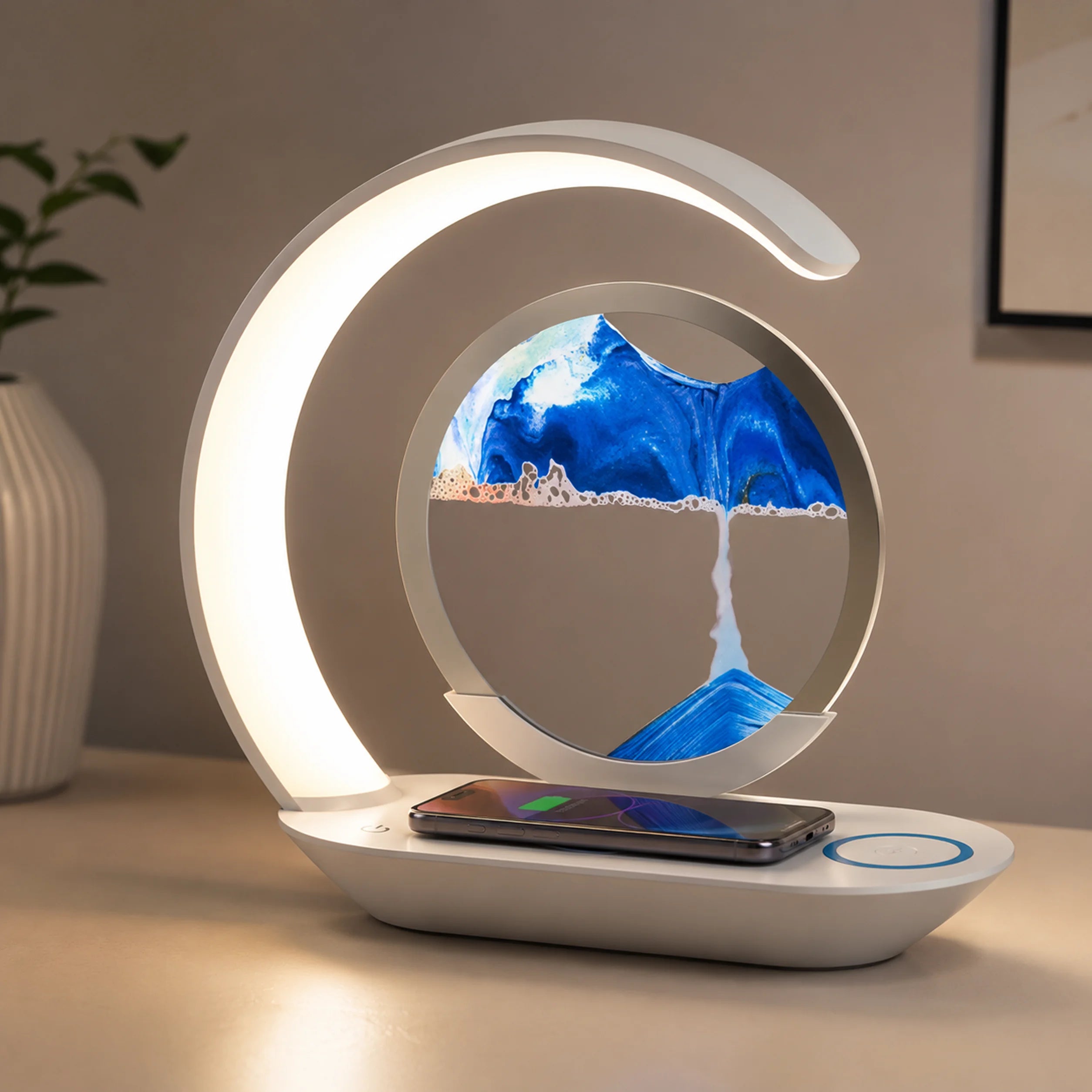 YH-313 lamp glowing in color behind the quicksand display.