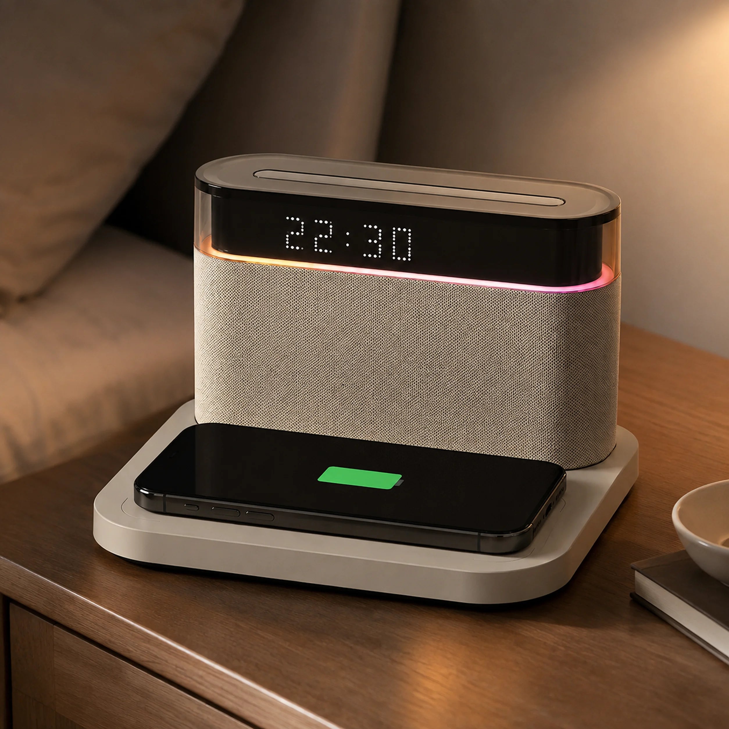 Pixel Pulse RGB Bluetooth speaker with an illuminated display in a compact metal body.
