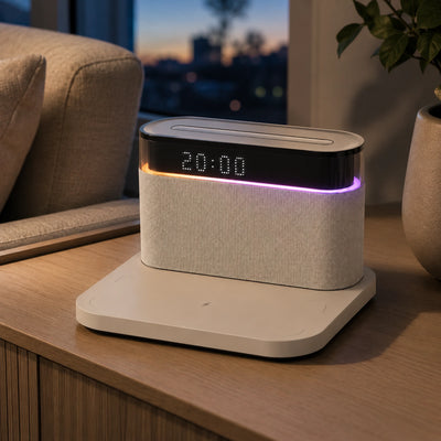 Pixel Pulse speaker showing colorful RGB light around the display.