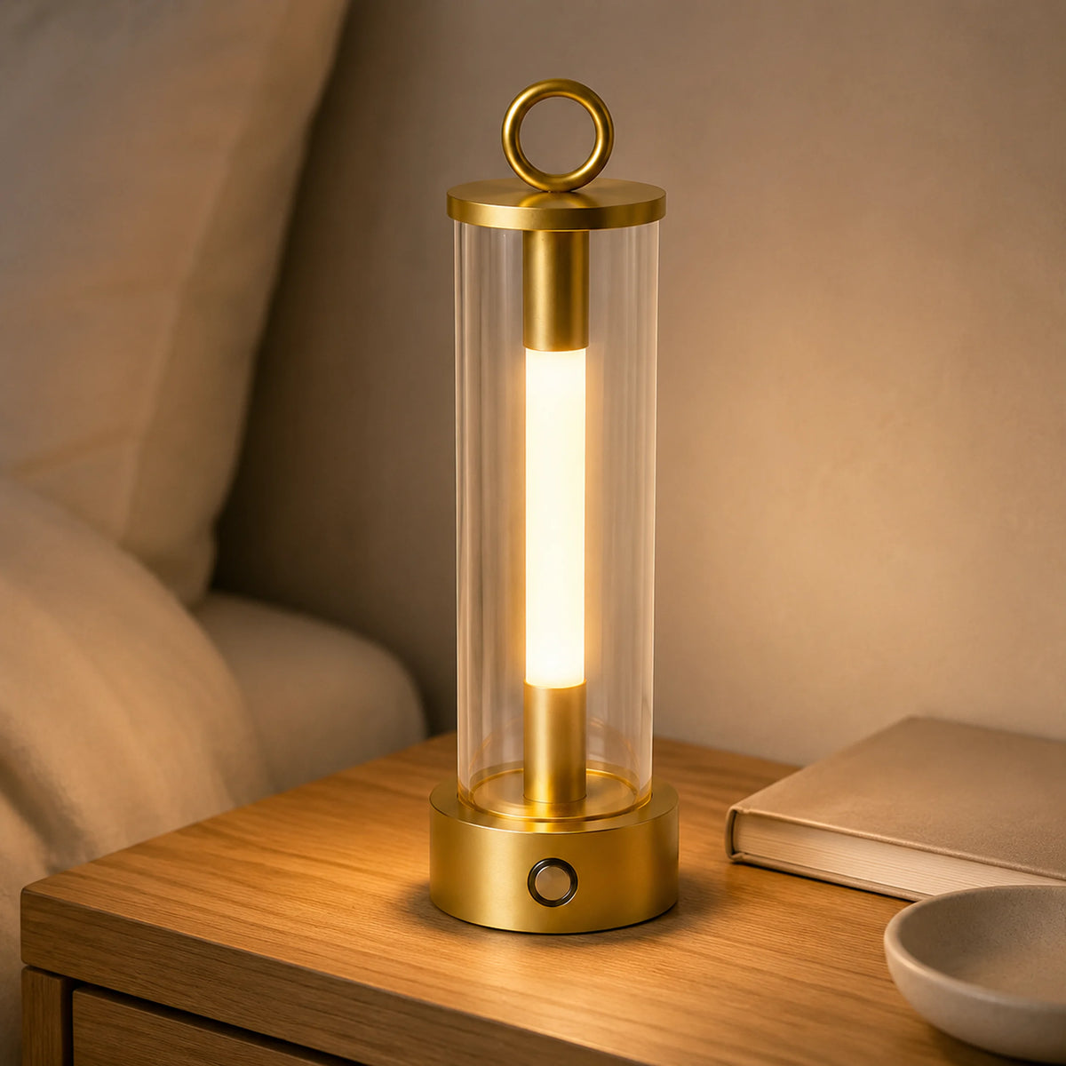 Nomad Glow lamp placed on a small bedside table.
