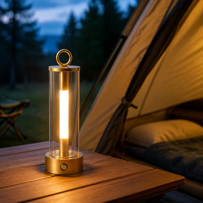 Rechargeable table lamp casting warm 2700K light on a dining surface.
